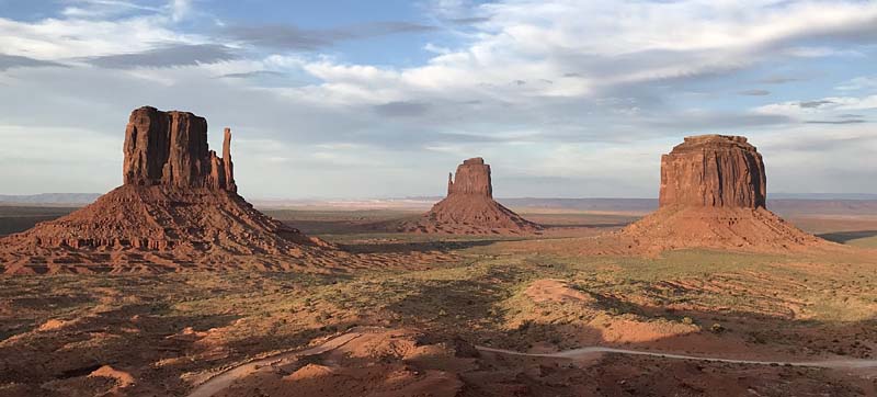 Off-road view of Monument Valley showing East and West Mittens and Merrick Butte